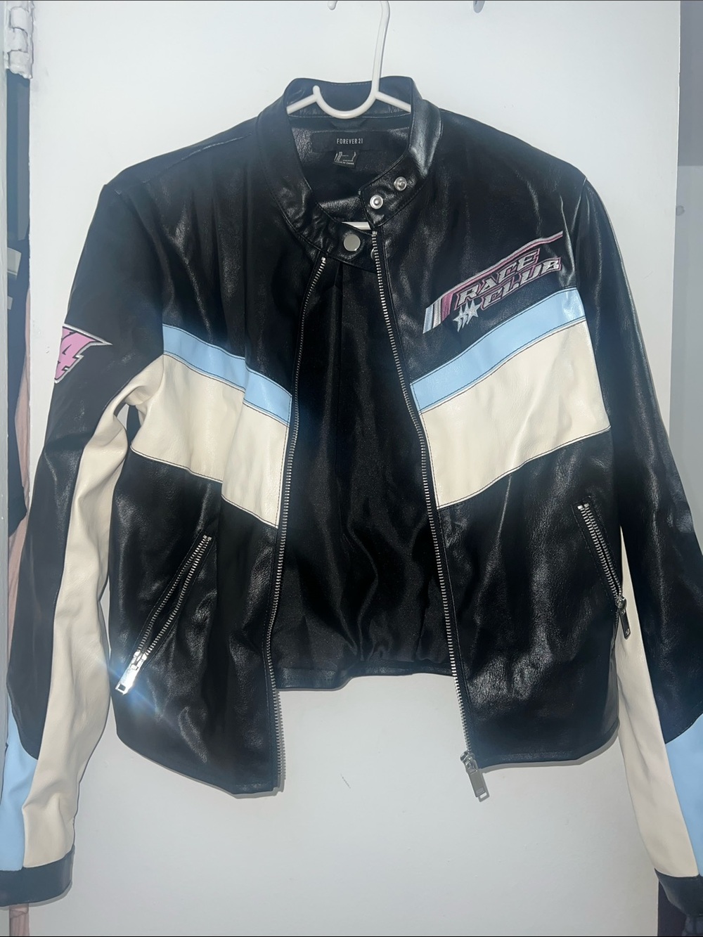 Forever 21 Black, Cream & Light Blue Faux Leather Moto Jacket